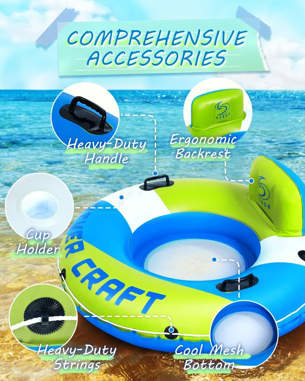 Heavy Duty River Tube, Inflatable Floating Tube with Backrests, Cupholders & Handles - Extra Large, Deluxe Pool Tube for Summer Relaxation
