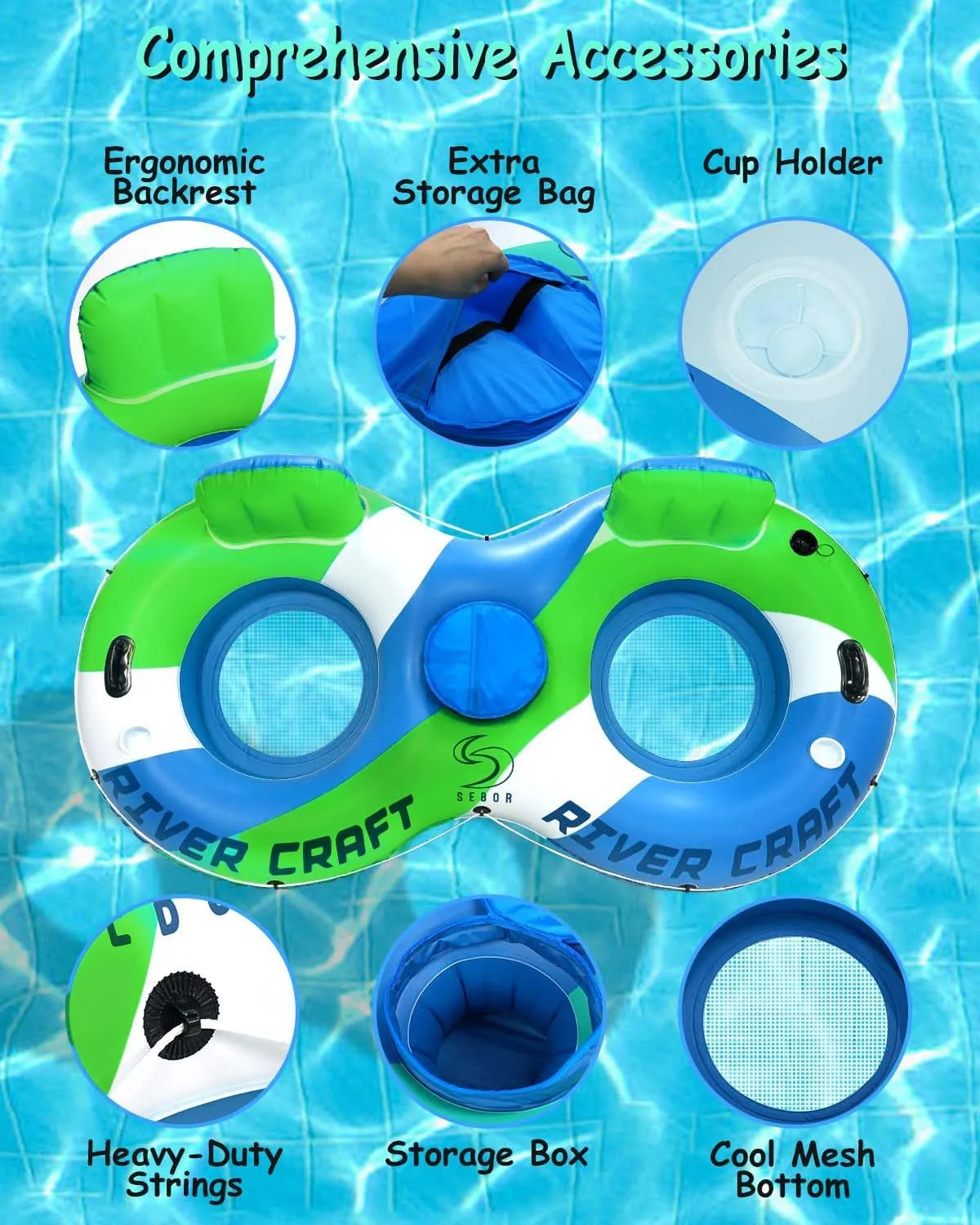 Heavy Duty River Tube, Inflatable Floating Tube with Backrests, Cupholders & Handles - Extra Large, Deluxe Pool Tube for Summer Relaxation