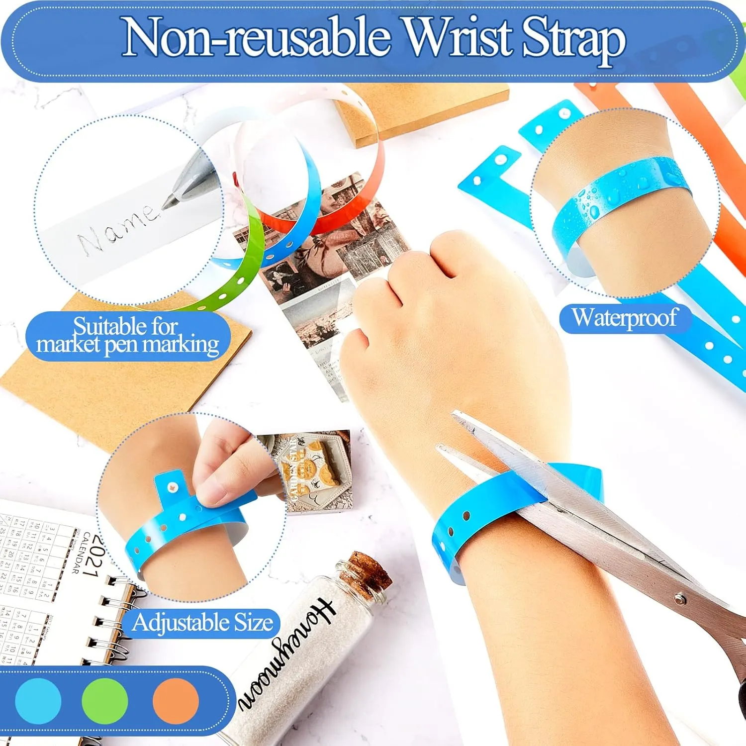 Henoyso 600 Pcs Plastic Wristbands for Events Vinyl Wristband Plastic Bracelet for Events Arm Band Identification for Concerts Carnivals(Green, Blue, Orange)