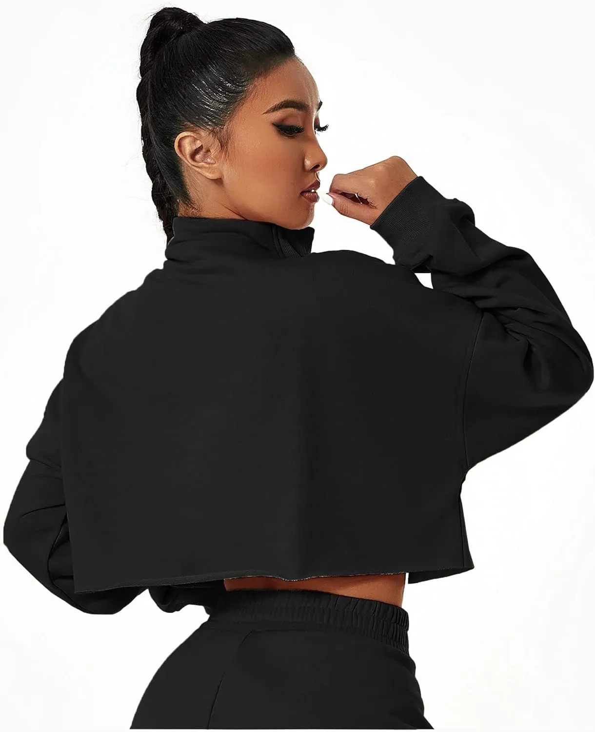 HerGymClothing Womens Cropped Sweatshirt Long Sleeve Half Zip Loose Workout Crop Athletic Jacket