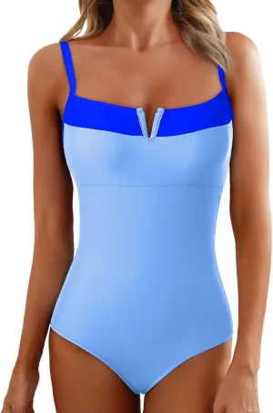 Herseas Women's V Wire One Piece Swimsuit Color Block Patchwork Bathing Suit