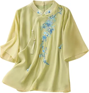 HGps8w Cotton Linen Embroidery Floral Tops for Women Retro Chinese Frog Button Blouse Loose Stand Collar 3/4 Sleeve Shirts