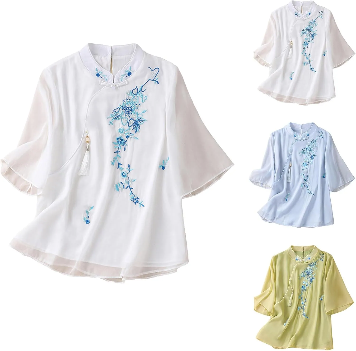 HGps8w Cotton Linen Embroidery Floral Tops for Women Retro Chinese Frog Button Blouse Loose Stand Collar 3/4 Sleeve Shirts