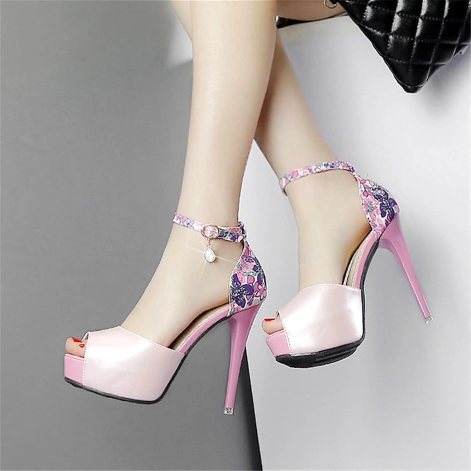 High Heels Women’s Floral Print Patchwork Platform Sandals Super High Heels with Crystal Buckle, Peep Toe Design for Summer Parties