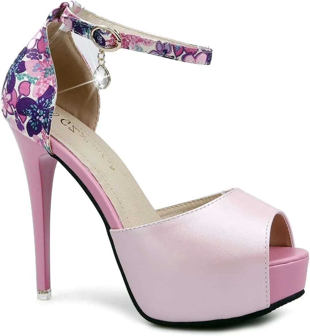 High Heels Women’s Floral Print Patchwork Platform Sandals Super High Heels with Crystal Buckle, Peep Toe Design for Summer Parties