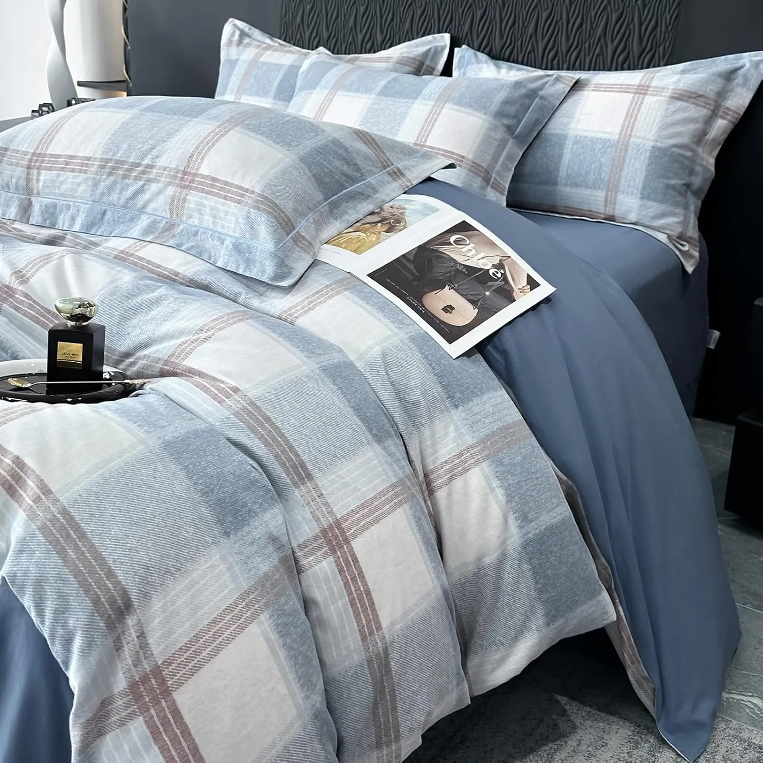 HighBuy Lightweight Buffalo Plaid Duvet Cover Full Size Modern Style Brushed Cotton Patchwork Blue White Grid Gingham Bedding Duvet Cover Checkered Comforter Cover Boho Bedding Set Full