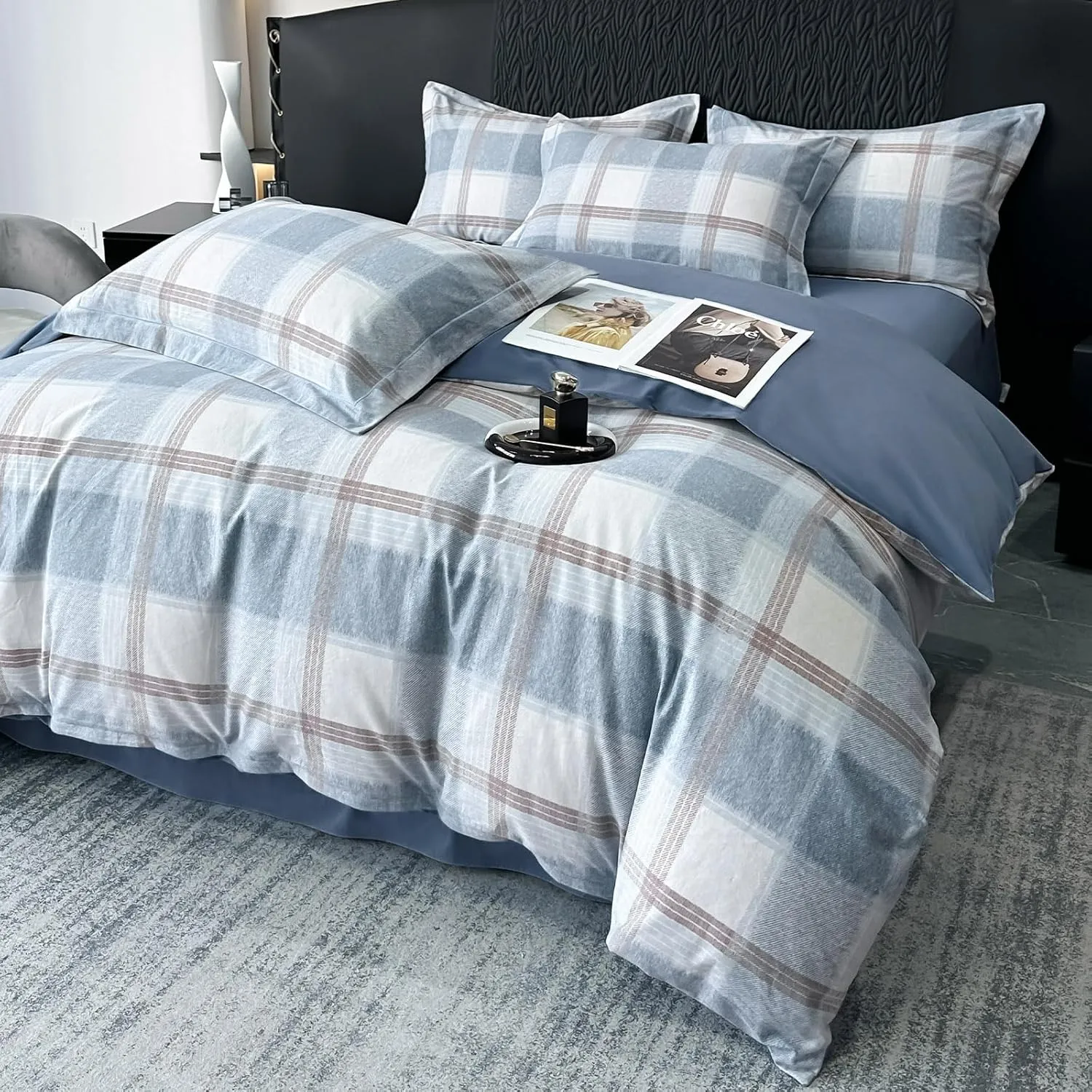 HighBuy Lightweight Buffalo Plaid Duvet Cover Full Size Modern Style Brushed Cotton Patchwork Blue White Grid Gingham Bedding Duvet Cover Checkered Comforter Cover Boho Bedding Set Full