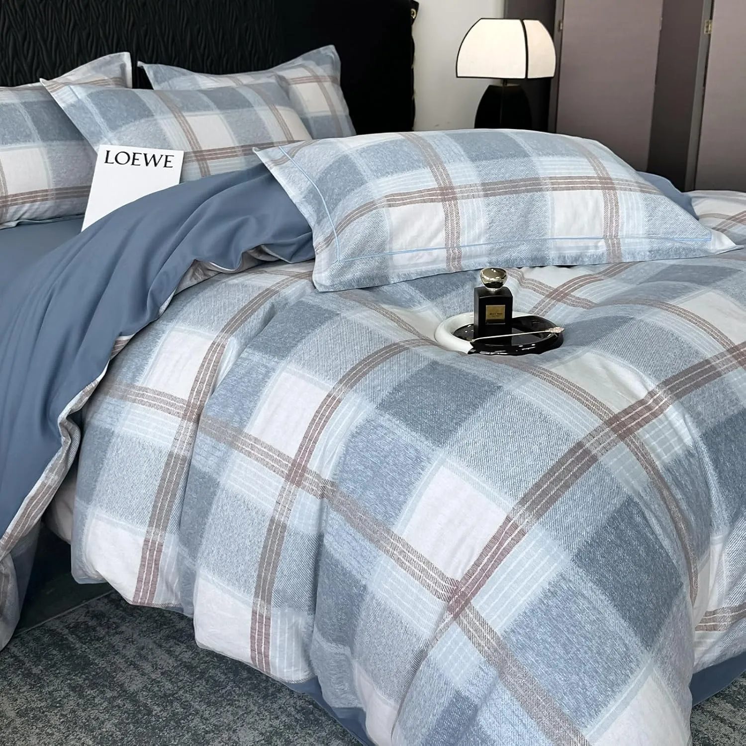 HighBuy Lightweight Buffalo Plaid Duvet Cover Full Size Modern Style Brushed Cotton Patchwork Blue White Grid Gingham Bedding Duvet Cover Checkered Comforter Cover Boho Bedding Set Full
