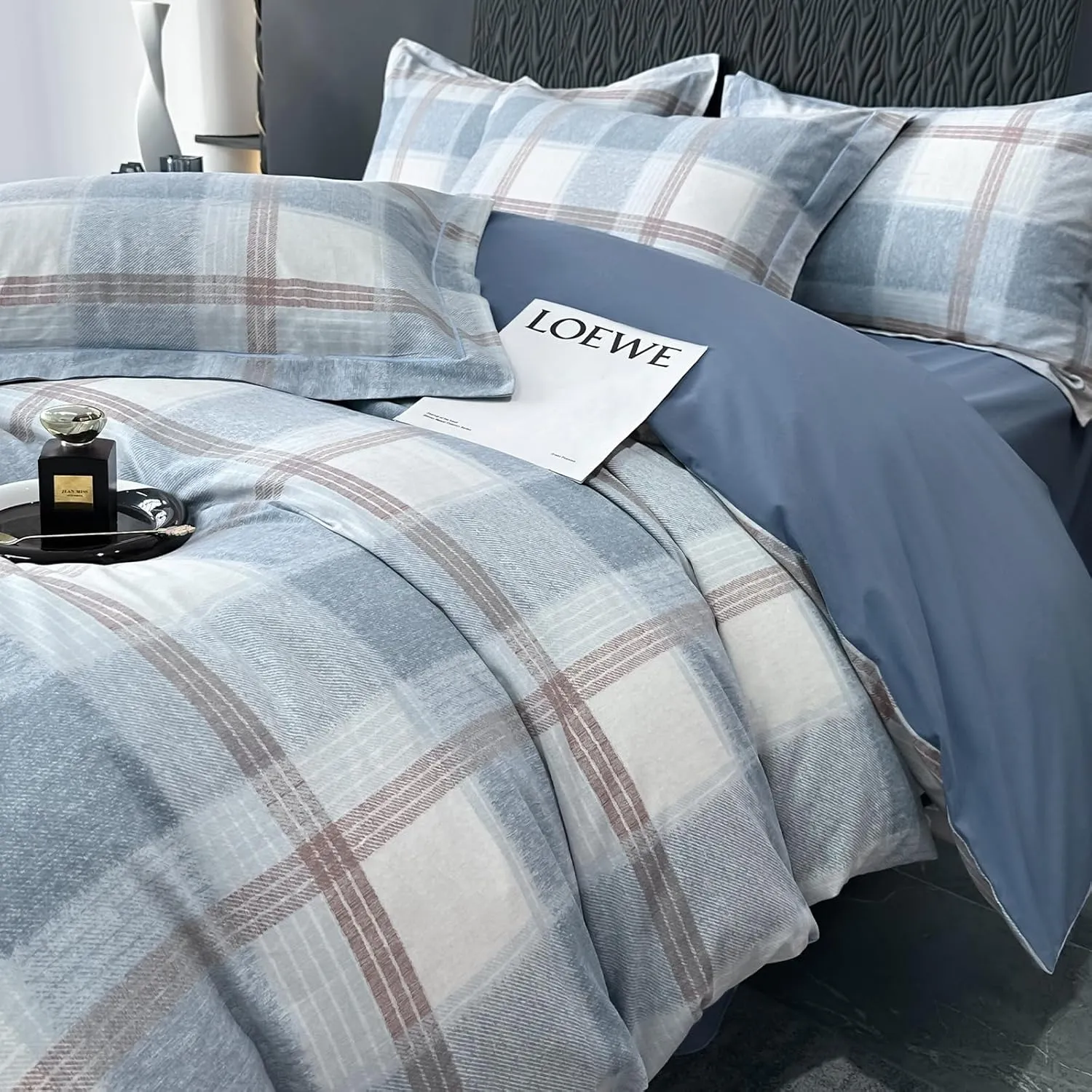HighBuy Lightweight Buffalo Plaid Duvet Cover Full Size Modern Style Brushed Cotton Patchwork Blue White Grid Gingham Bedding Duvet Cover Checkered Comforter Cover Boho Bedding Set Full