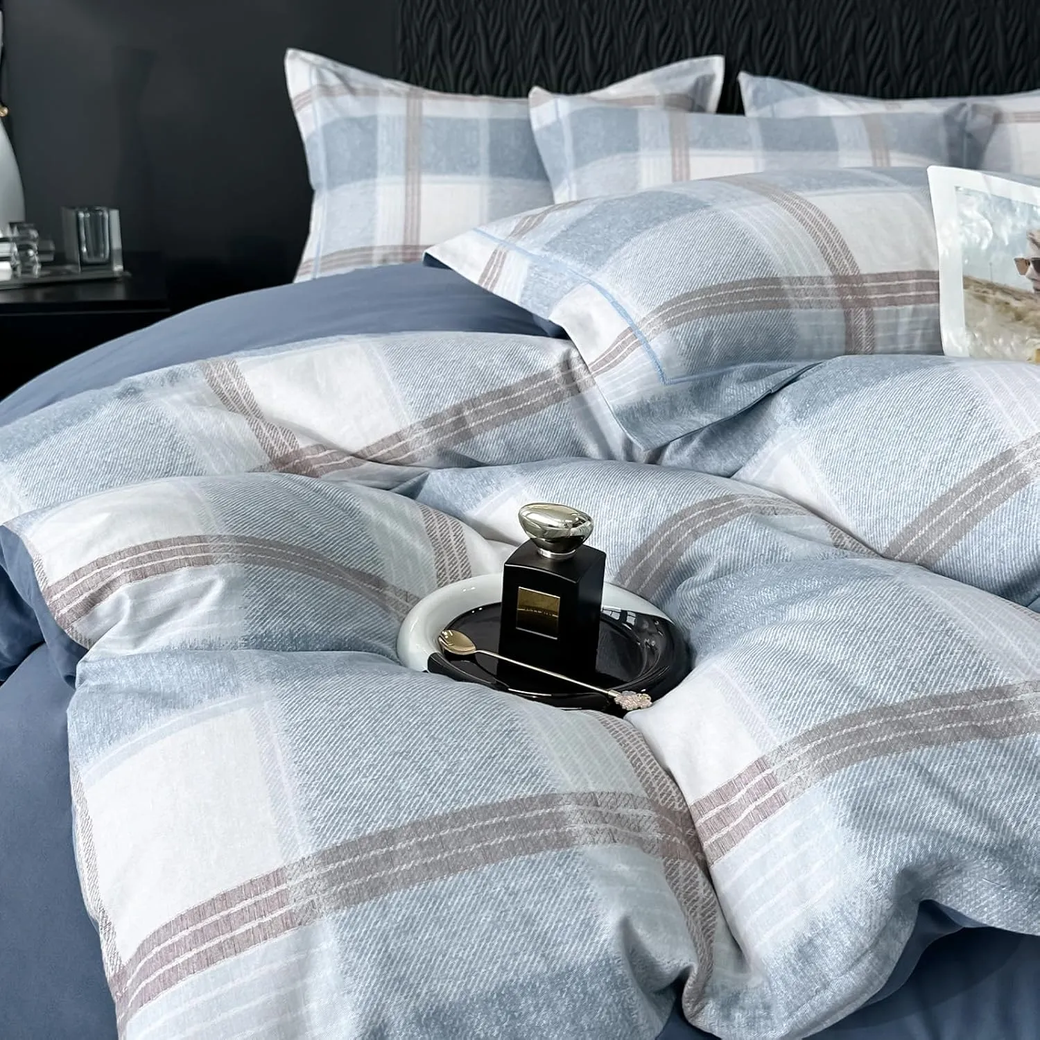HighBuy Lightweight Buffalo Plaid Duvet Cover Full Size Modern Style Brushed Cotton Patchwork Blue White Grid Gingham Bedding Duvet Cover Checkered Comforter Cover Boho Bedding Set Full
