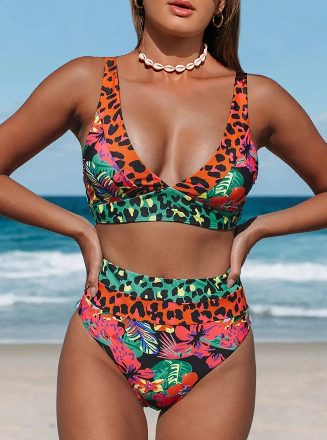 Hilinker Women's Leopard Bikini Swimsuits V Neck High Waisted 2 Piece Bathing Suits