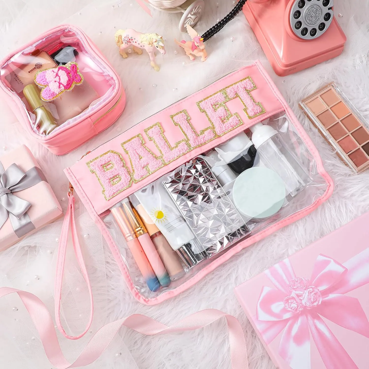 Hillban 2 Pcs Ballet Gifts Chenille Letter Bags Makeup Cosmetic Bags Toiletry Travel Flat Pouch Preppy Patch Clear Purse PVC Waterproof Organizer Storage Case Gifts for Team Girls Women