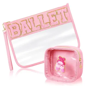 Hillban 2 Pcs Ballet Gifts Chenille Letter Bags Makeup Cosmetic Bags Toiletry Travel Flat Pouch Preppy Patch Clear Purse PVC Waterproof Organizer Storage Case Gifts for Team Girls Women