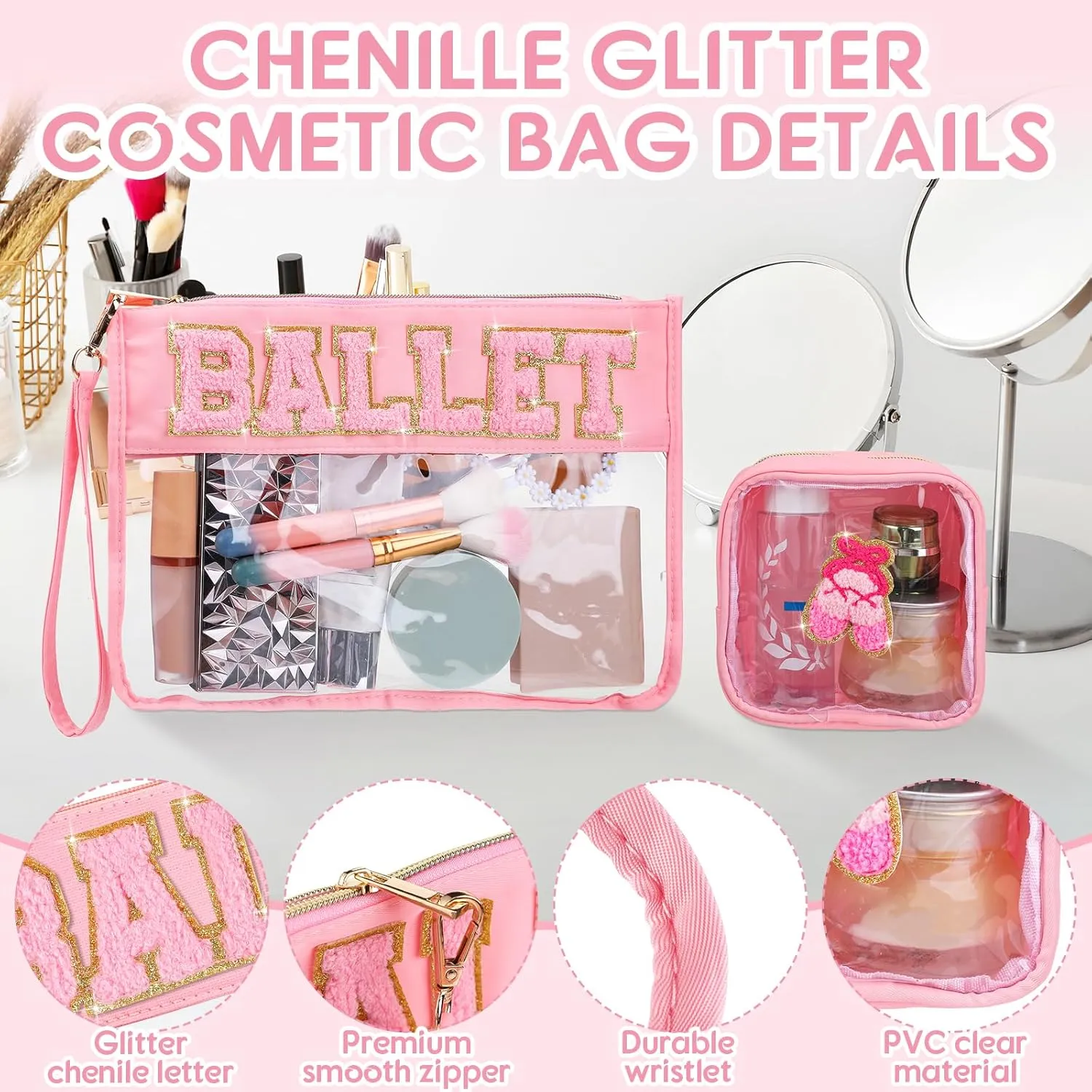 Hillban 2 Pcs Ballet Gifts Chenille Letter Bags Makeup Cosmetic Bags Toiletry Travel Flat Pouch Preppy Patch Clear Purse PVC Waterproof Organizer Storage Case Gifts for Team Girls Women