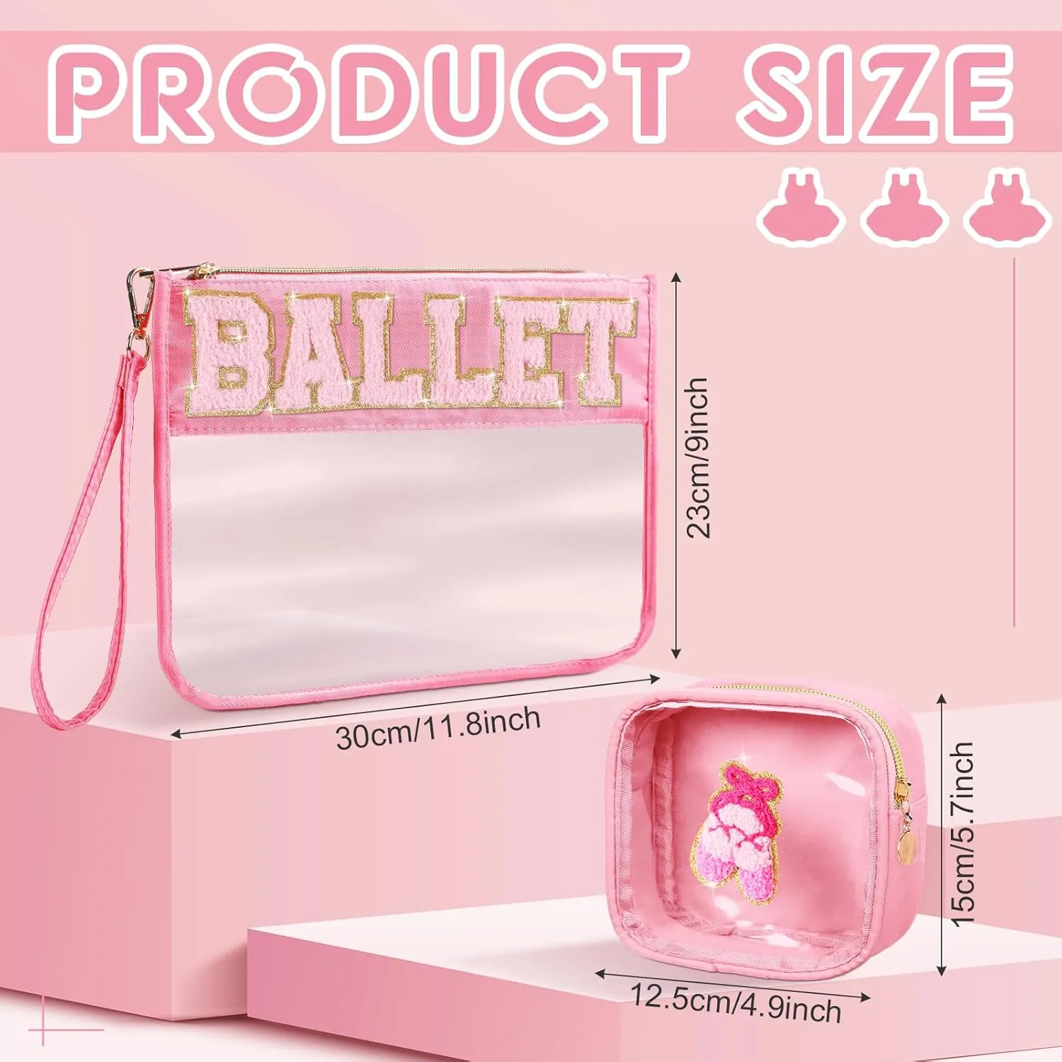 Hillban 2 Pcs Ballet Gifts Chenille Letter Bags Makeup Cosmetic Bags Toiletry Travel Flat Pouch Preppy Patch Clear Purse PVC Waterproof Organizer Storage Case Gifts for Team Girls Women