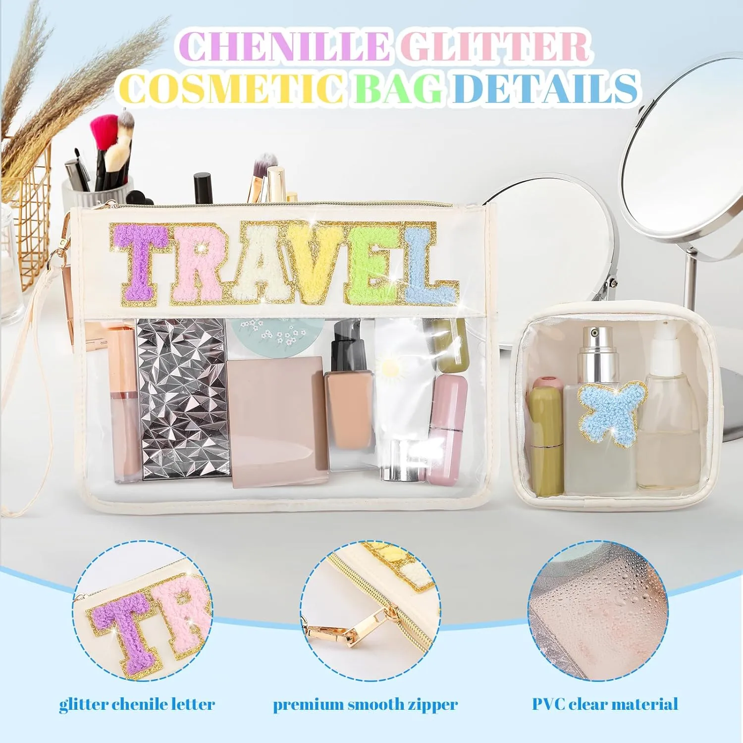 Hillban 2 Pcs Clear Travel Bags Chenille Letter Makeup Cosmetic Toiletry Bags Weekend Gifts Preppy Patch Zipper Pouch for Travel Waterproof Flat Portable Storage Purse for Women