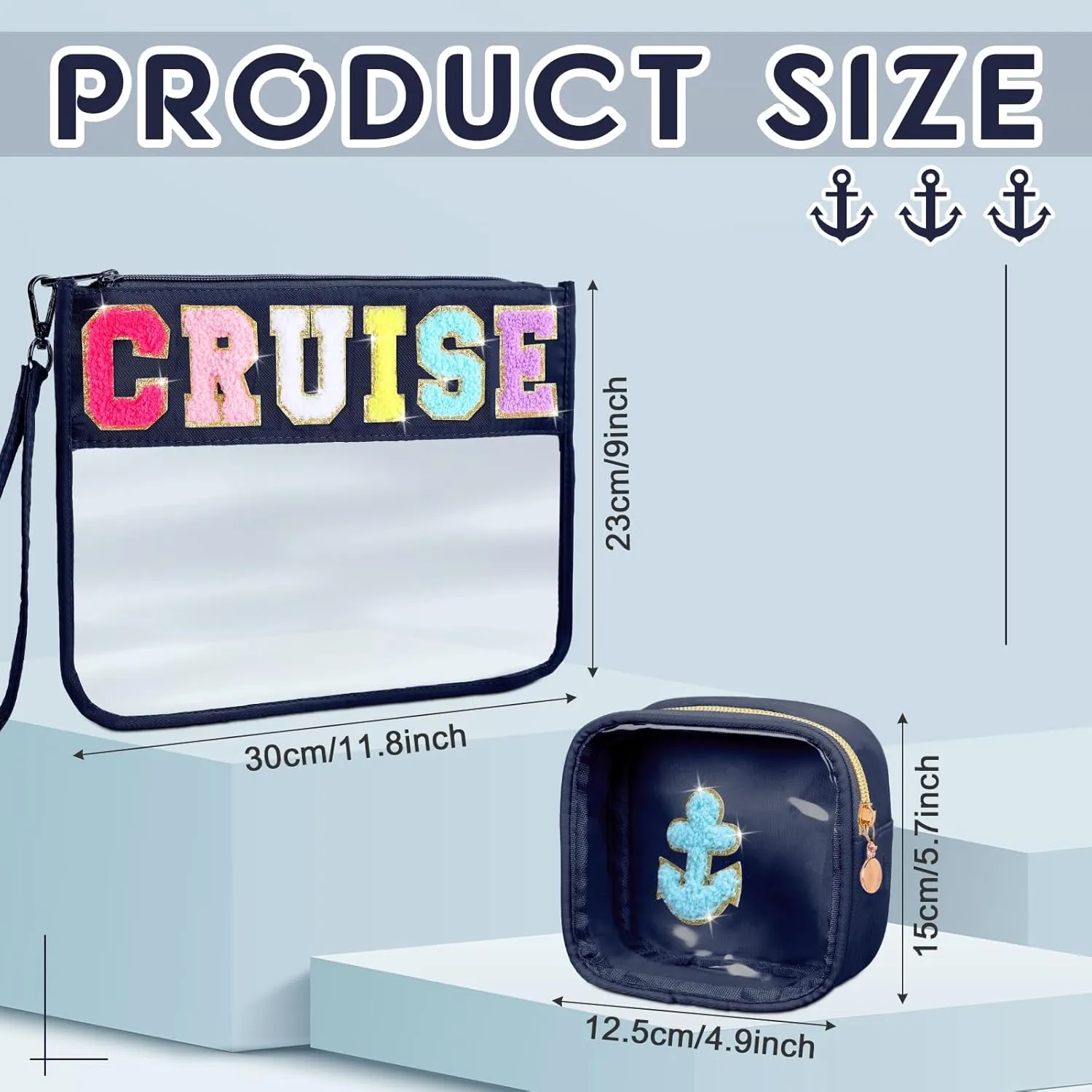 Hillban 2 Pcs Cruise Gifts Chenille Letter Bags Nautical Anchor Makeup Cosmetic Bags Sunscreen Clear Toiletry Travel Pouch Waterproof Purse Sailboat Cruise Survival Kit Portable Storage Organizer