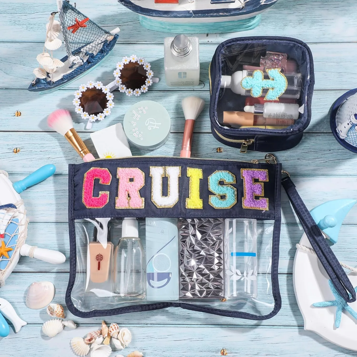 Hillban 2 Pcs Cruise Gifts Chenille Letter Bags Nautical Anchor Makeup Cosmetic Bags Sunscreen Clear Toiletry Travel Pouch Waterproof Purse Sailboat Cruise Survival Kit Portable Storage Organizer