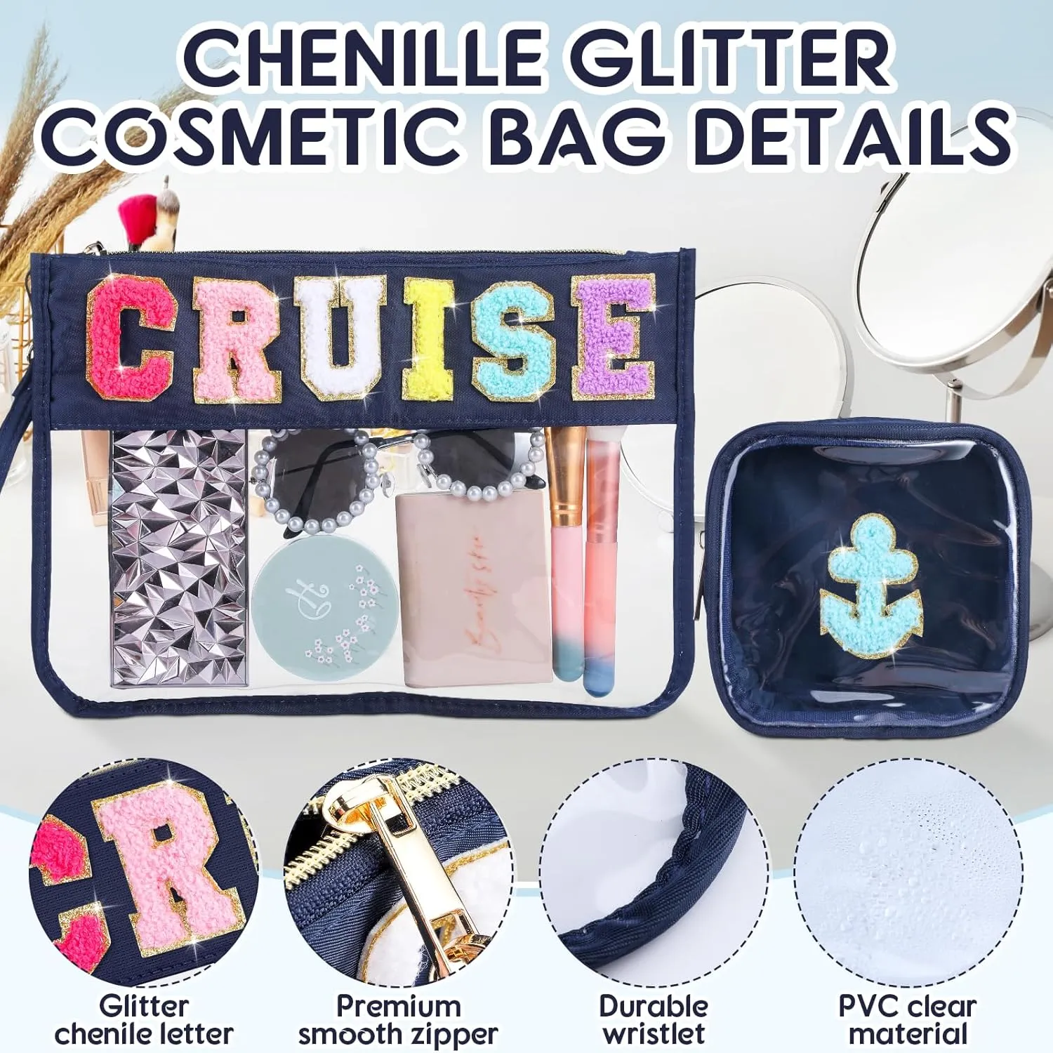 Hillban 2 Pcs Cruise Gifts Chenille Letter Bags Nautical Anchor Makeup Cosmetic Bags Sunscreen Clear Toiletry Travel Pouch Waterproof Purse Sailboat Cruise Survival Kit Portable Storage Organizer