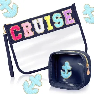 Hillban 2 Pcs Cruise Gifts Chenille Letter Bags Nautical Anchor Makeup Cosmetic Bags Sunscreen Clear Toiletry Travel Pouch Waterproof Purse Sailboat Cruise Survival Kit Portable Storage Organizer