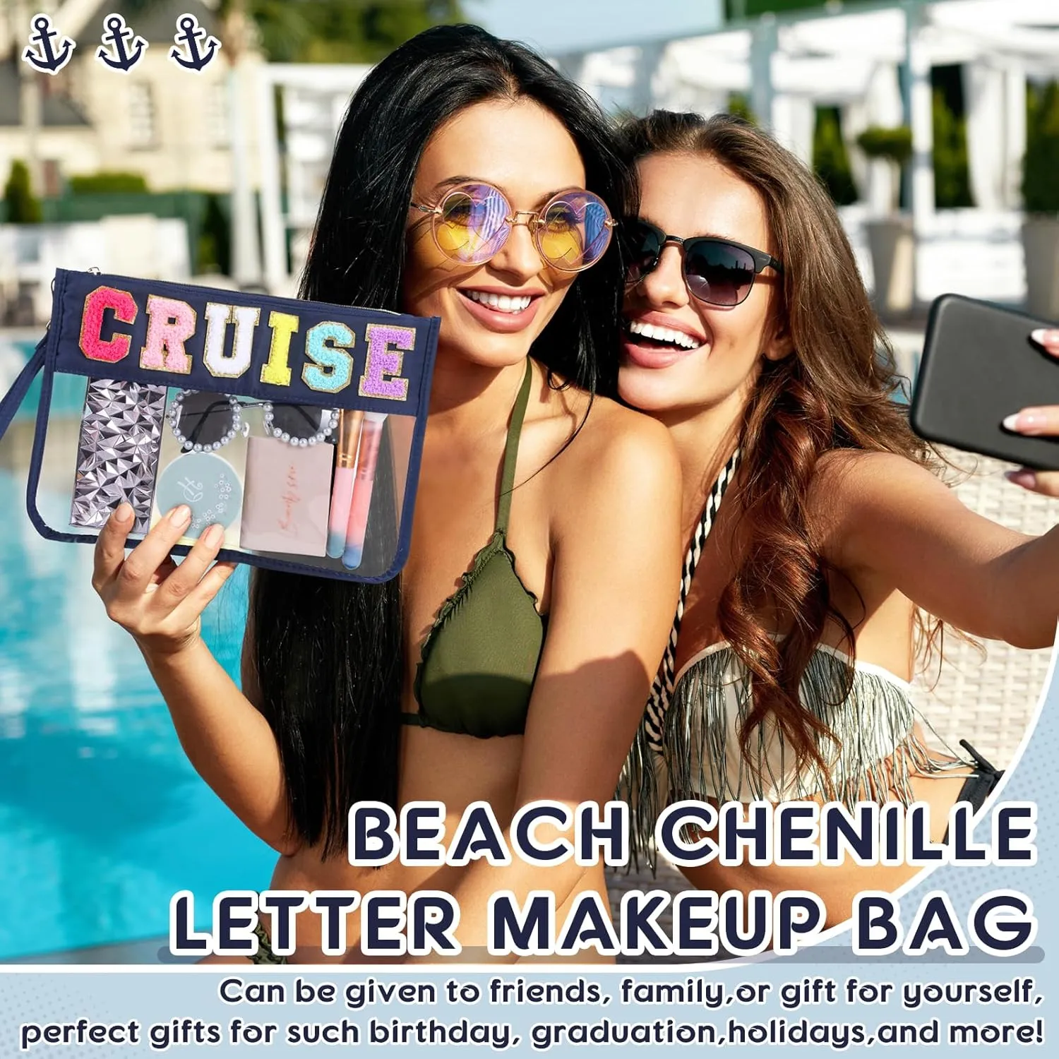 Hillban 2 Pcs Cruise Gifts Chenille Letter Bags Nautical Anchor Makeup Cosmetic Bags Sunscreen Clear Toiletry Travel Pouch Waterproof Purse Sailboat Cruise Survival Kit Portable Storage Organizer