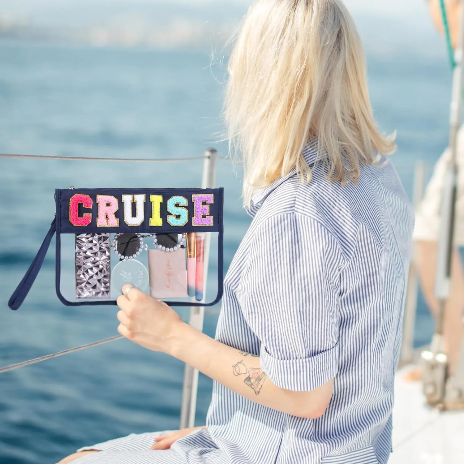 Hillban 2 Pcs Cruise Gifts Chenille Letter Bags Nautical Anchor Makeup Cosmetic Bags Sunscreen Clear Toiletry Travel Pouch Waterproof Purse Sailboat Cruise Survival Kit Portable Storage Organizer