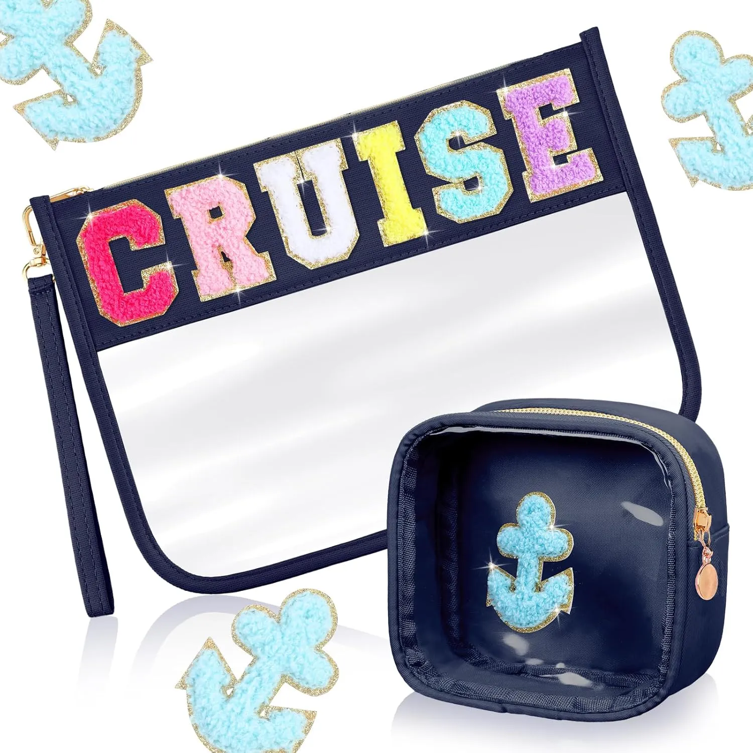 Hillban 2 Pcs Cruise Gifts Chenille Letter Bags Nautical Anchor Makeup Cosmetic Bags Sunscreen Clear Toiletry Travel Pouch Waterproof Purse Sailboat Cruise Survival Kit Portable Storage Organizer