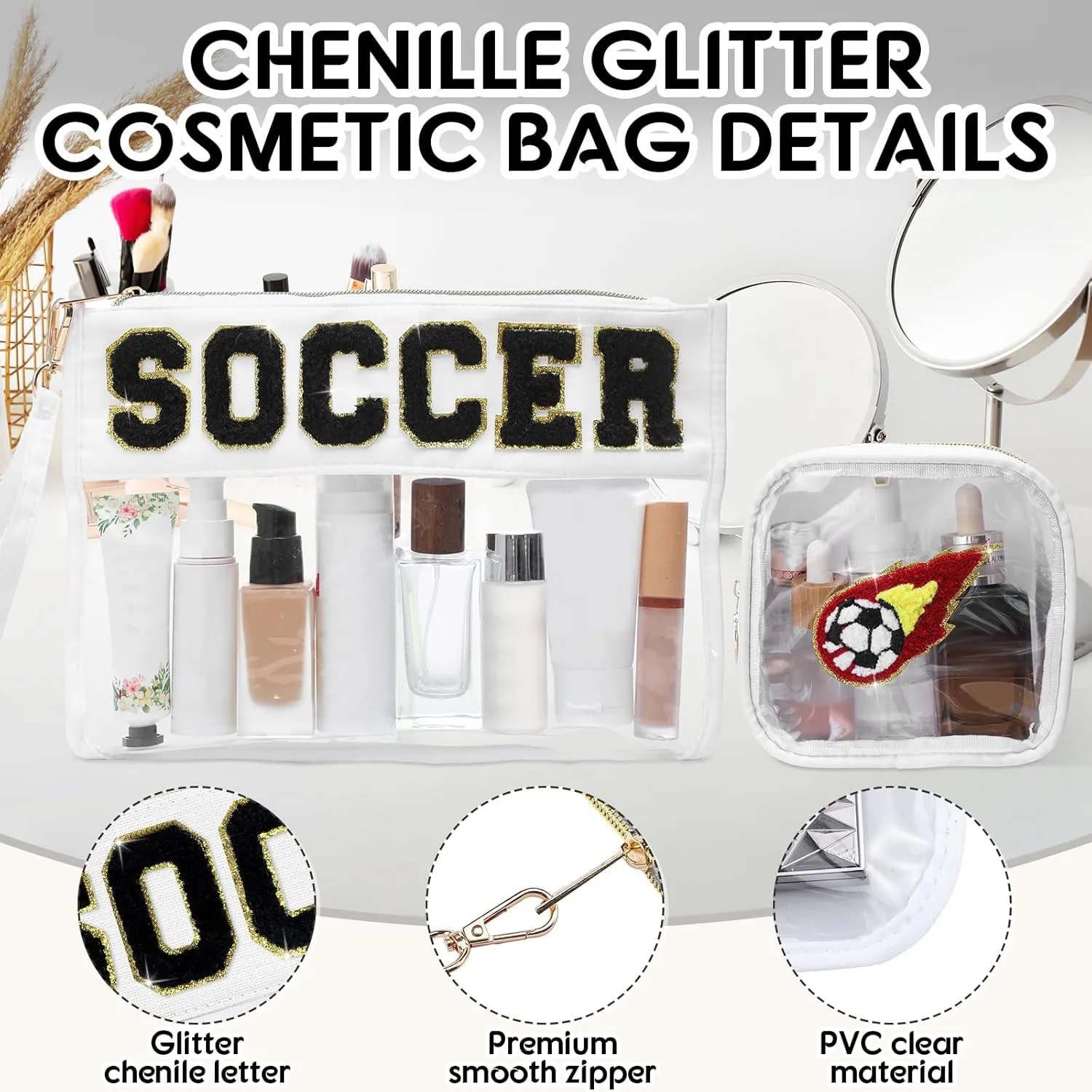 Hillban 2 Pcs Soccer Gifts Chenille Letter Bags Preppy Patch Makeup Bag Flat Clear Pouch PVC Organizer Purse Waterproof Travel Cosmetic Bag Portable Toiletry Storage Bag for Women Girl