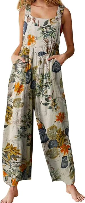 Himosyber Women's Patchwork Dual Pocket Jumpsuit Loose Floral Print Bohemian Wide Leg Bib Overall