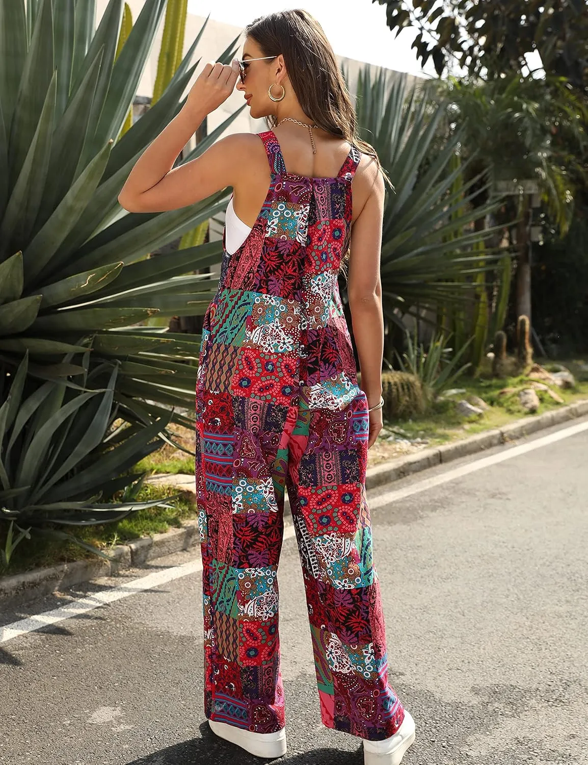 Himosyber Women's Patchwork Dual Pocket Jumpsuit Loose Floral Print Bohemian Wide Leg Bib Overall