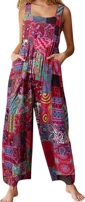 Himosyber Women's Patchwork Dual Pocket Jumpsuit Loose Floral Print Bohemian Wide Leg Bib Overall