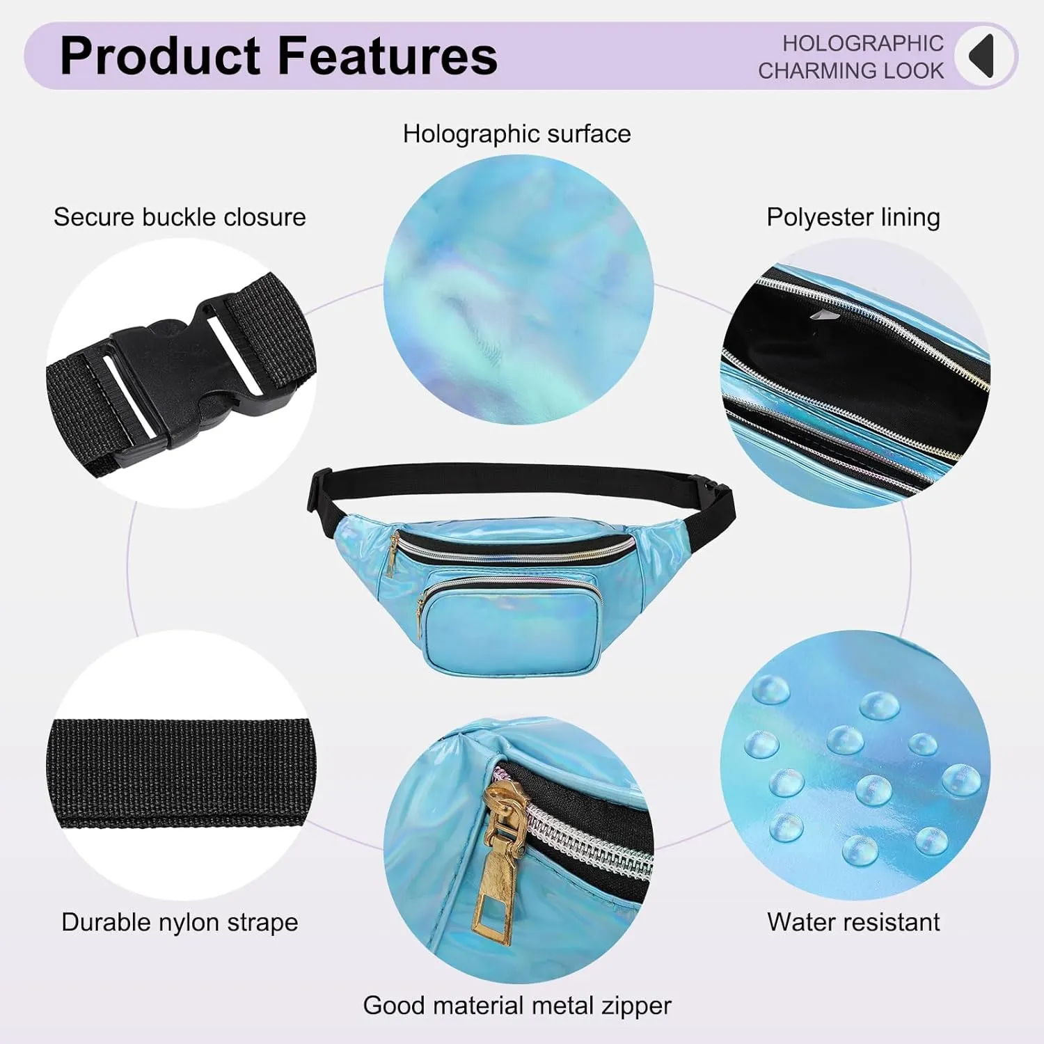 Holographic Fanny Pack for Women, Cute Waist Belt Bag, Crossbody Bag 3-Pocket Water Resistant Fashion Small Bum Bag with Adjustable Belt for Running Hiking Shiny Blue