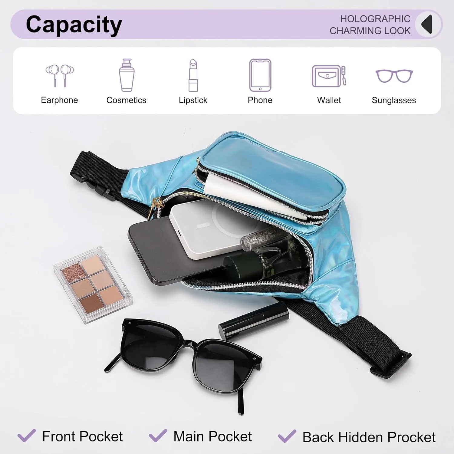 Holographic Fanny Pack for Women, Cute Waist Belt Bag, Crossbody Bag 3-Pocket Water Resistant Fashion Small Bum Bag with Adjustable Belt for Running Hiking Shiny Blue