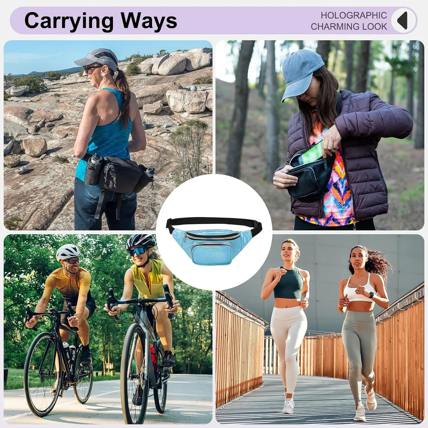Holographic Fanny Pack for Women, Cute Waist Belt Bag, Crossbody Bag 3-Pocket Water Resistant Fashion Small Bum Bag with Adjustable Belt for Running Hiking Shiny Blue