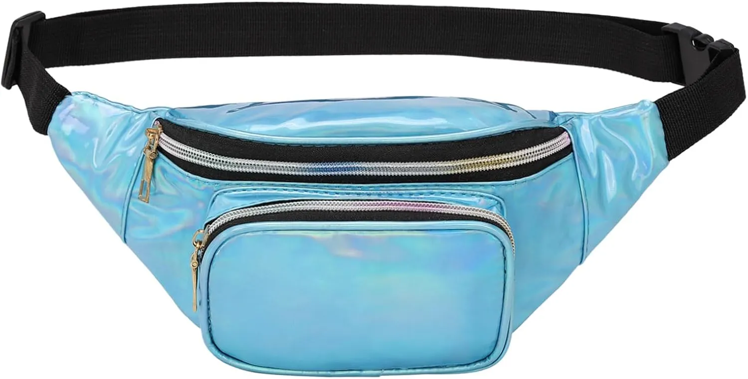 Holographic Fanny Pack for Women, Cute Waist Belt Bag, Crossbody Bag 3-Pocket Water Resistant Fashion Small Bum Bag with Adjustable Belt for Running Hiking Shiny Blue