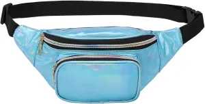 Holographic Fanny Pack for Women, Cute Waist Belt Bag, Crossbody Bag 3-Pocket Water Resistant Fashion Small Bum Bag with Adjustable Belt for Running Hiking Shiny Blue