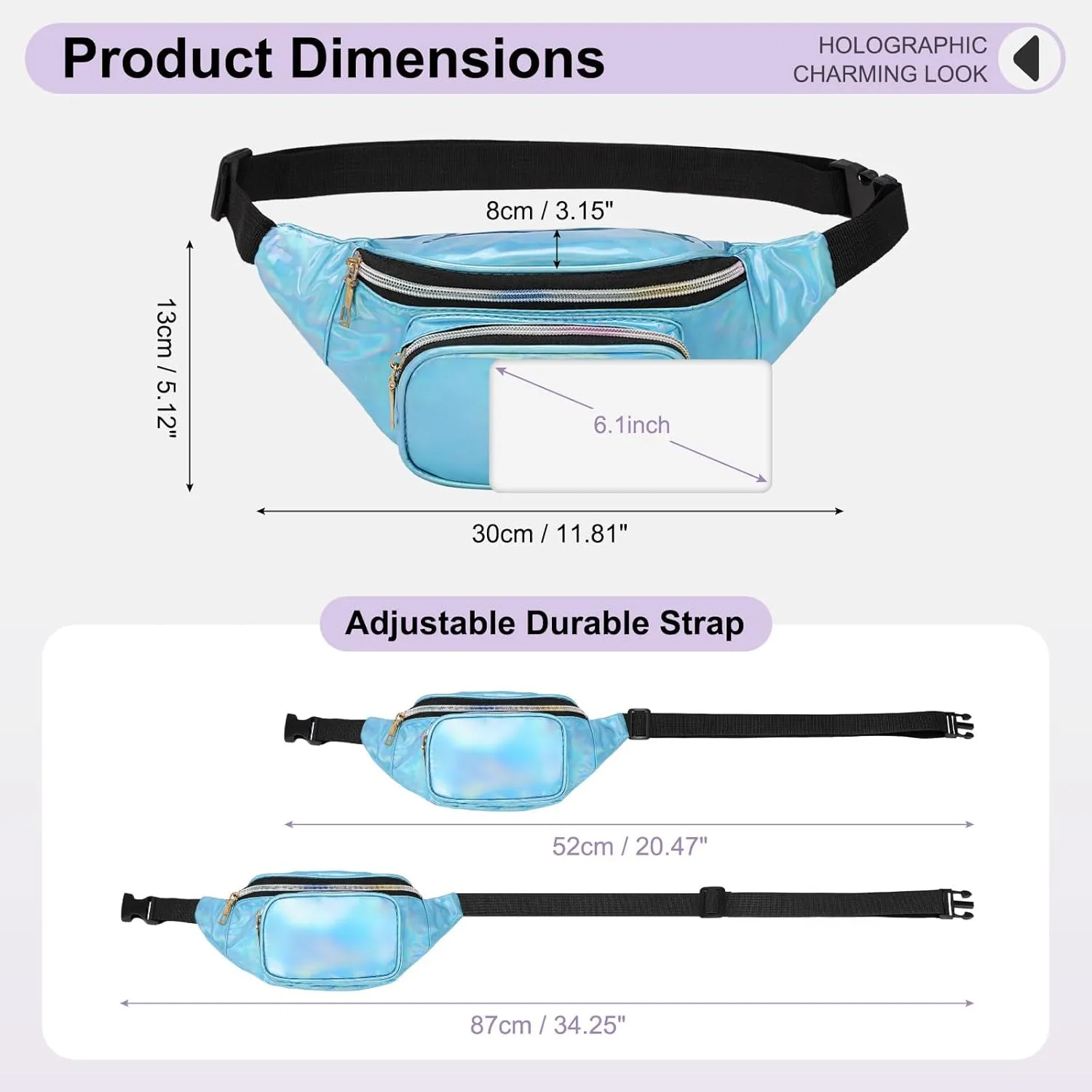 Holographic Fanny Pack for Women, Cute Waist Belt Bag, Crossbody Bag 3-Pocket Water Resistant Fashion Small Bum Bag with Adjustable Belt for Running Hiking Shiny Blue