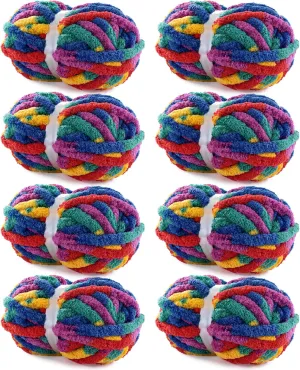 HOMBYS Super Bulky Giant Chunky Yarn for Crocheting and Hand Knitting, Large Soft Fluffy Mixed Color Thick Chenille Yarn, Tie Dye Plush Fuzzy Rainbow, 8 Pack