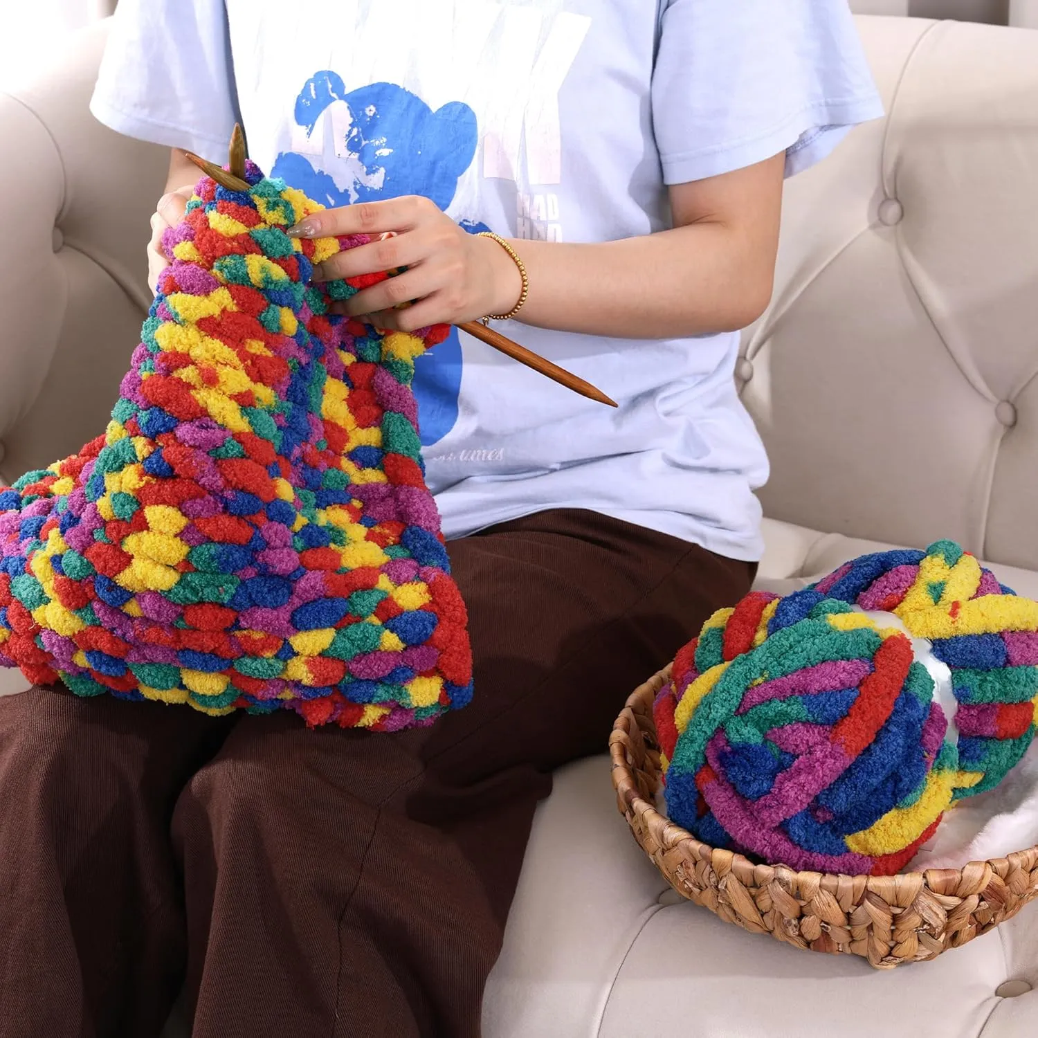 HOMBYS Super Bulky Giant Chunky Yarn for Crocheting and Hand Knitting, Large Soft Fluffy Mixed Color Thick Chenille Yarn, Tie Dye Plush Fuzzy Rainbow, 8 Pack