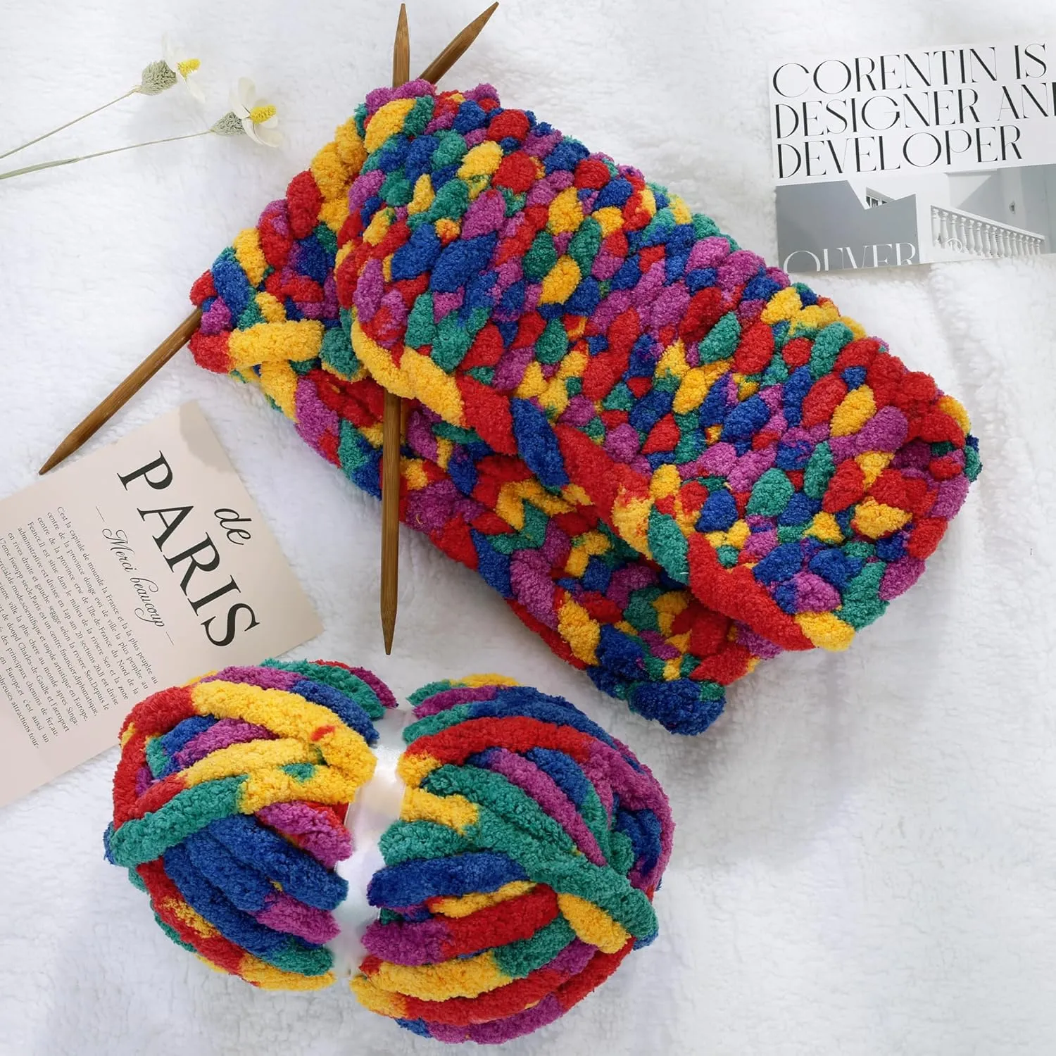 HOMBYS Super Bulky Giant Chunky Yarn for Crocheting and Hand Knitting, Large Soft Fluffy Mixed Color Thick Chenille Yarn, Tie Dye Plush Fuzzy Rainbow, 8 Pack