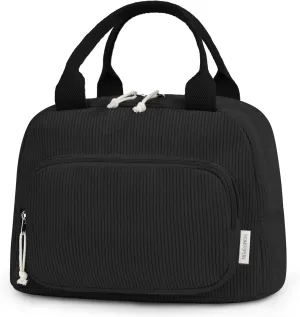 HOMESPON Lunch Bag for Women Men Adults with Front Pocket Cute Corduroy Insulated Lunch Tote Large Capacity Lunch Box Cooler Container for Work Picnic or Travel (Black)