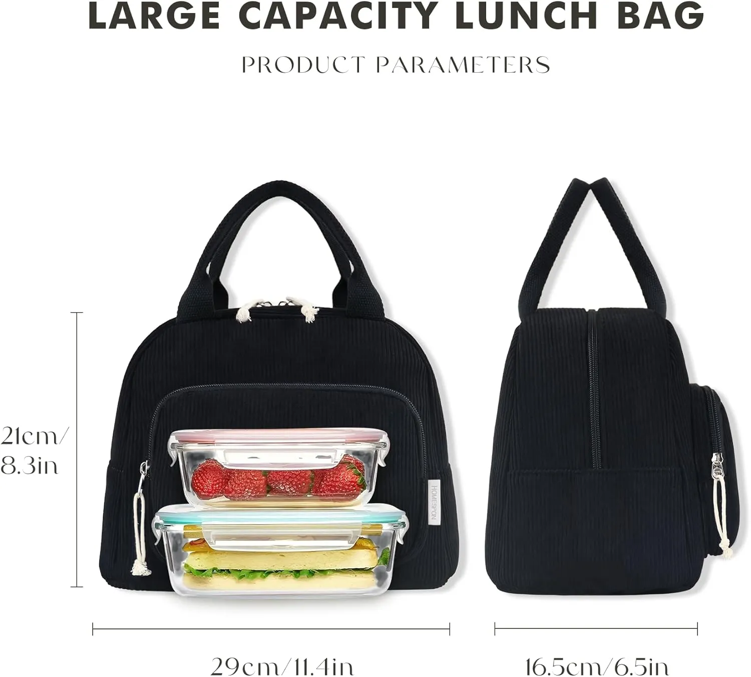 HOMESPON Lunch Bag for Women Men Adults with Front Pocket Cute Corduroy Insulated Lunch Tote Large Capacity Lunch Box Cooler Container for Work Picnic or Travel (Black)
