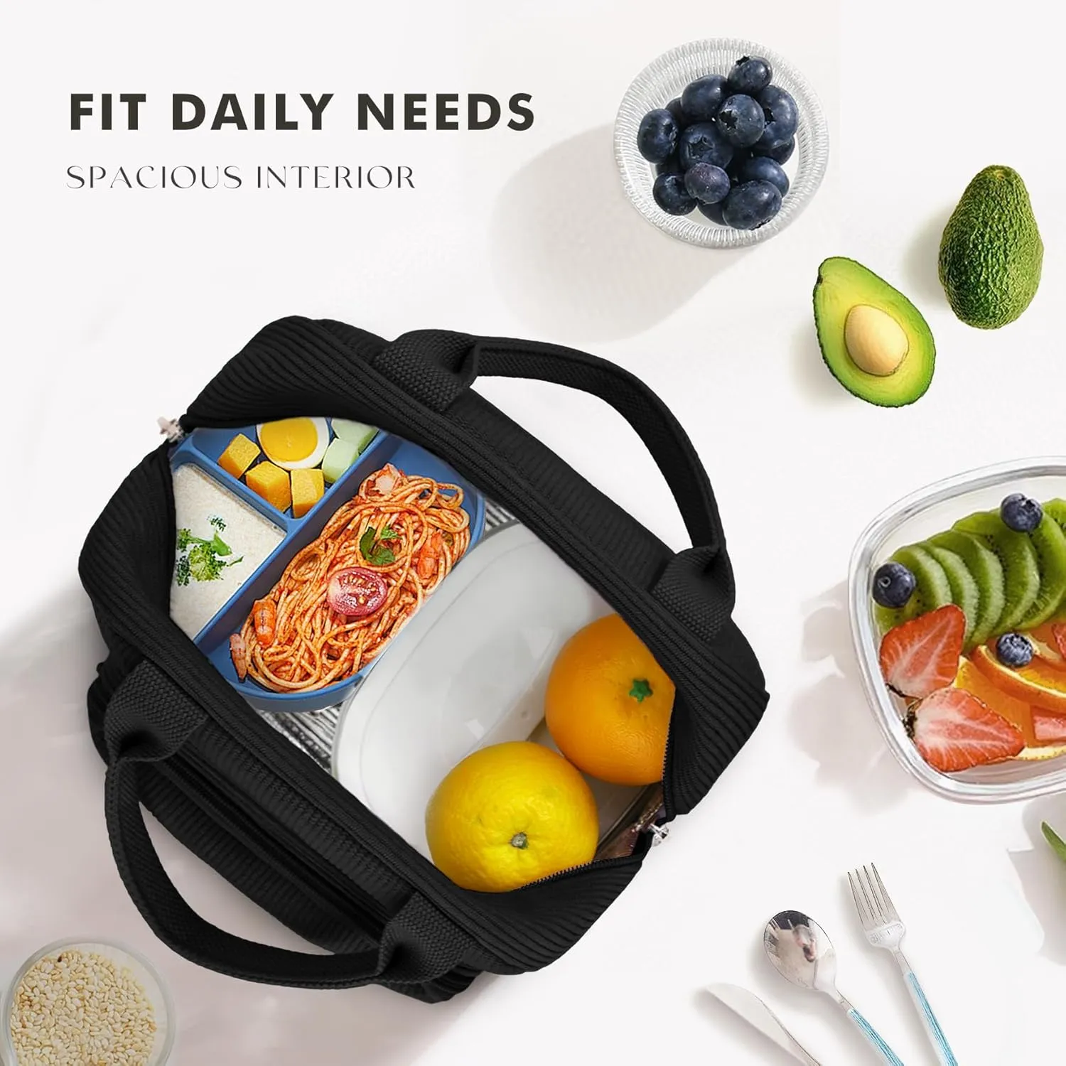 HOMESPON Lunch Bag for Women Men Adults with Front Pocket Cute Corduroy Insulated Lunch Tote Large Capacity Lunch Box Cooler Container for Work Picnic or Travel (Black)
