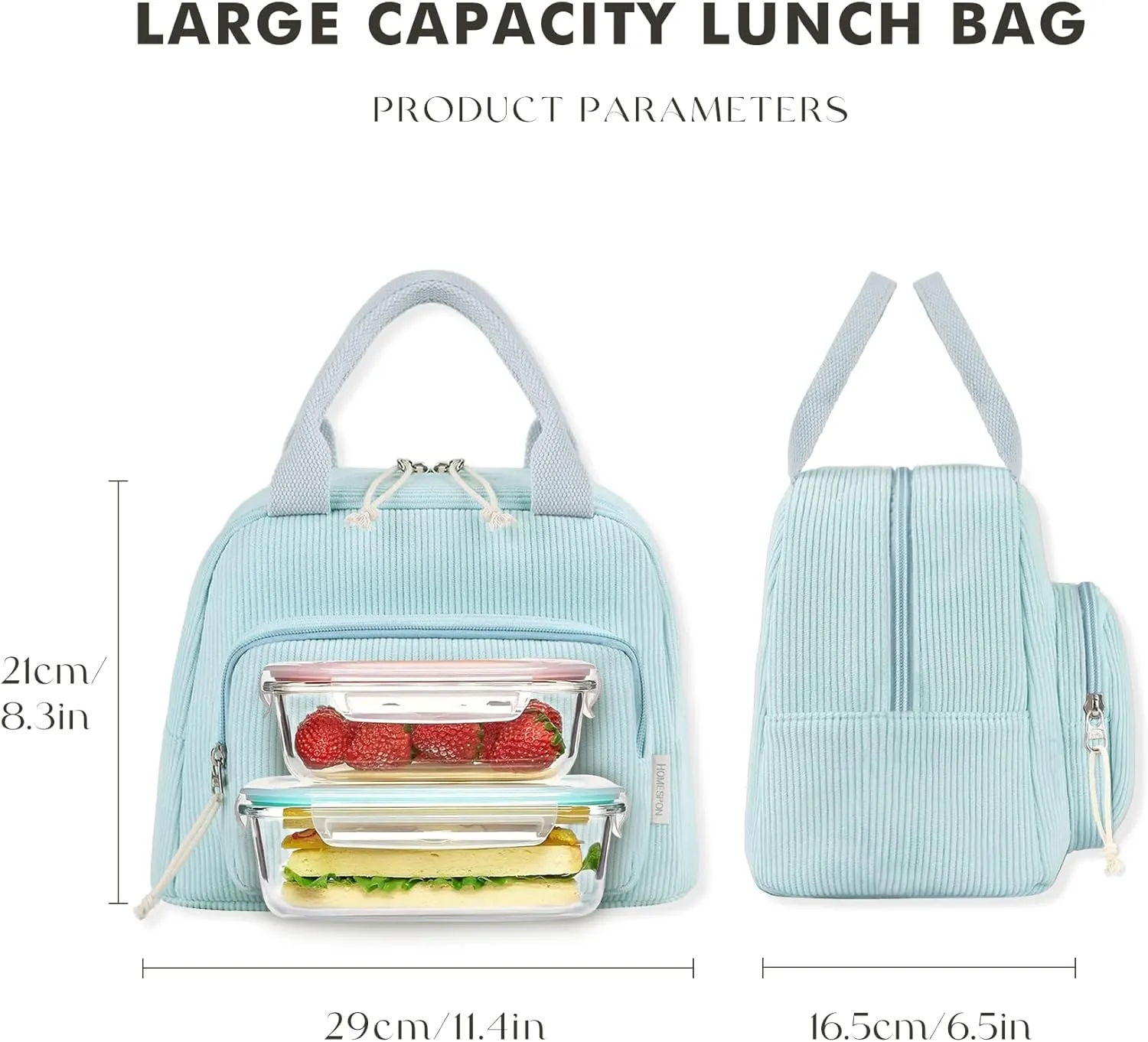 HOMESPON Lunch Bag for Women Men Adults with Front Pocket Cute Corduroy Insulated Lunch Tote Large Capacity Lunch Box Cooler Container for Work Picnic or Travel (Grayish Blue)