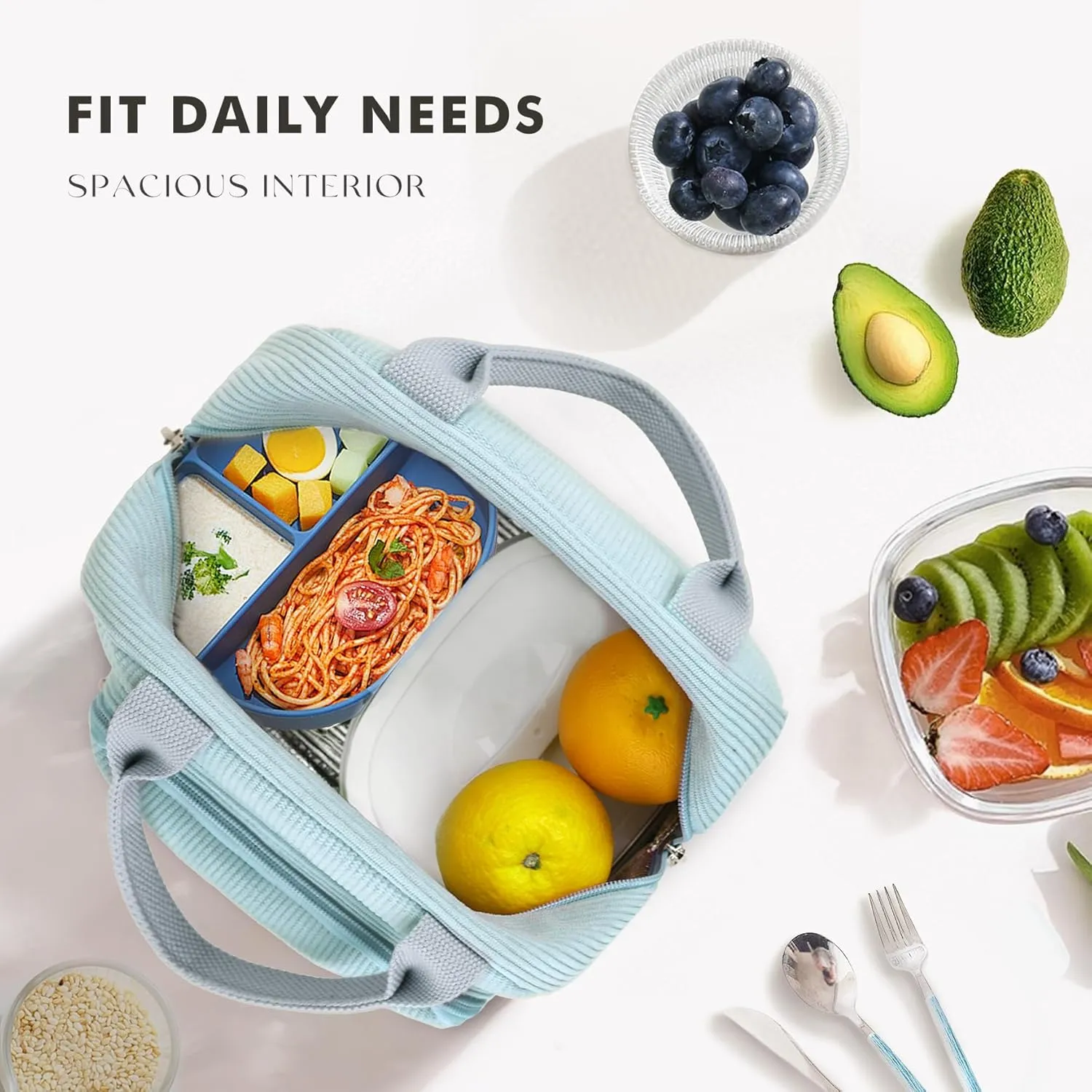 HOMESPON Lunch Bag for Women Men Adults with Front Pocket Cute Corduroy Insulated Lunch Tote Large Capacity Lunch Box Cooler Container for Work Picnic or Travel (Grayish Blue)