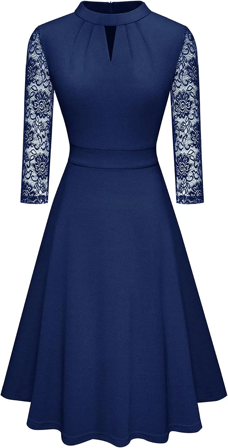 HOMEYEE Women's Round Neck Hollow Out Lace Patchwork Retro Party Dresses A234