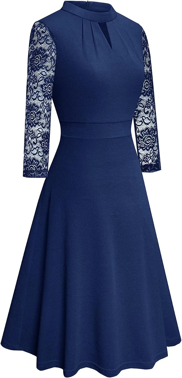 HOMEYEE Women's Round Neck Hollow Out Lace Patchwork Retro Party Dresses A234