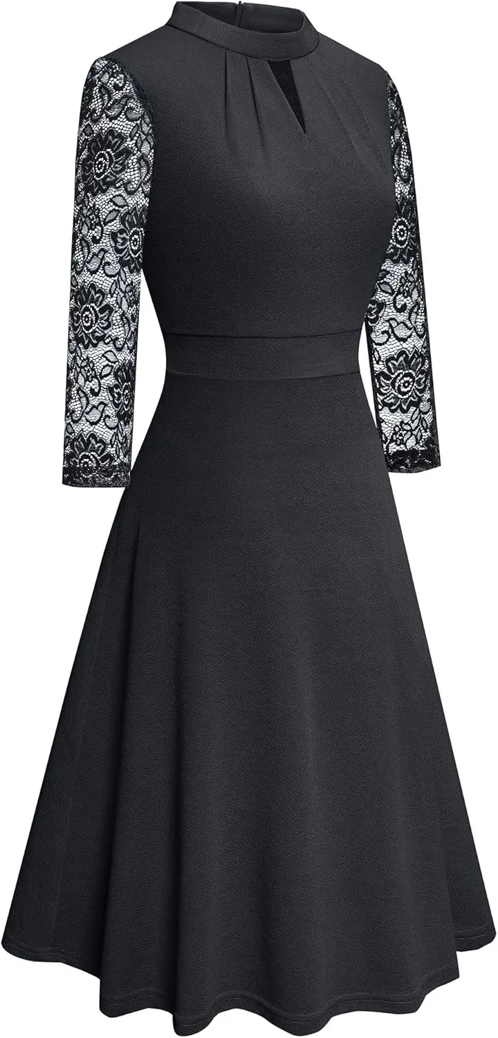 HOMEYEE Women's Round Neck Hollow Out Lace Patchwork Retro Party Dresses A234
