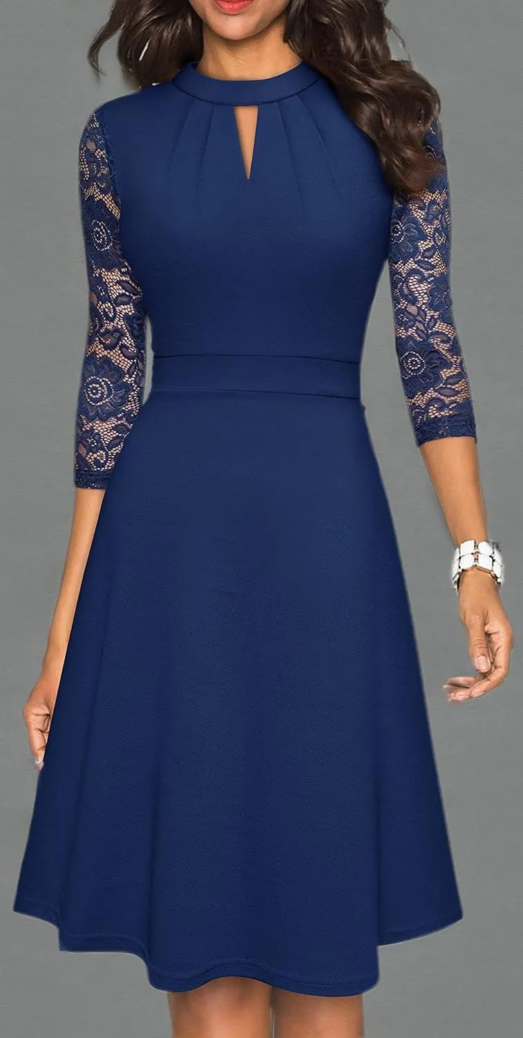 HOMEYEE Women's Round Neck Hollow Out Lace Patchwork Retro Party Dresses A234