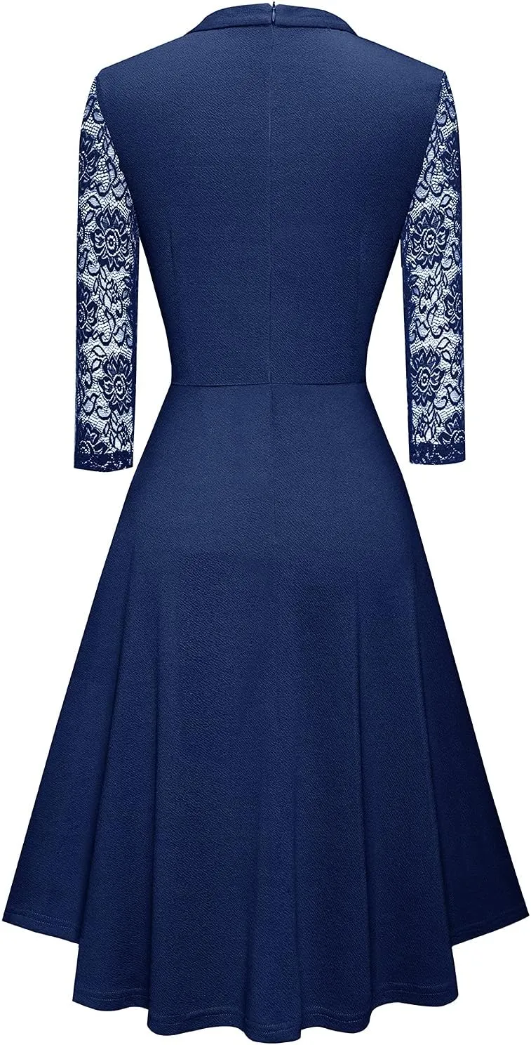 HOMEYEE Women's Round Neck Hollow Out Lace Patchwork Retro Party Dresses A234